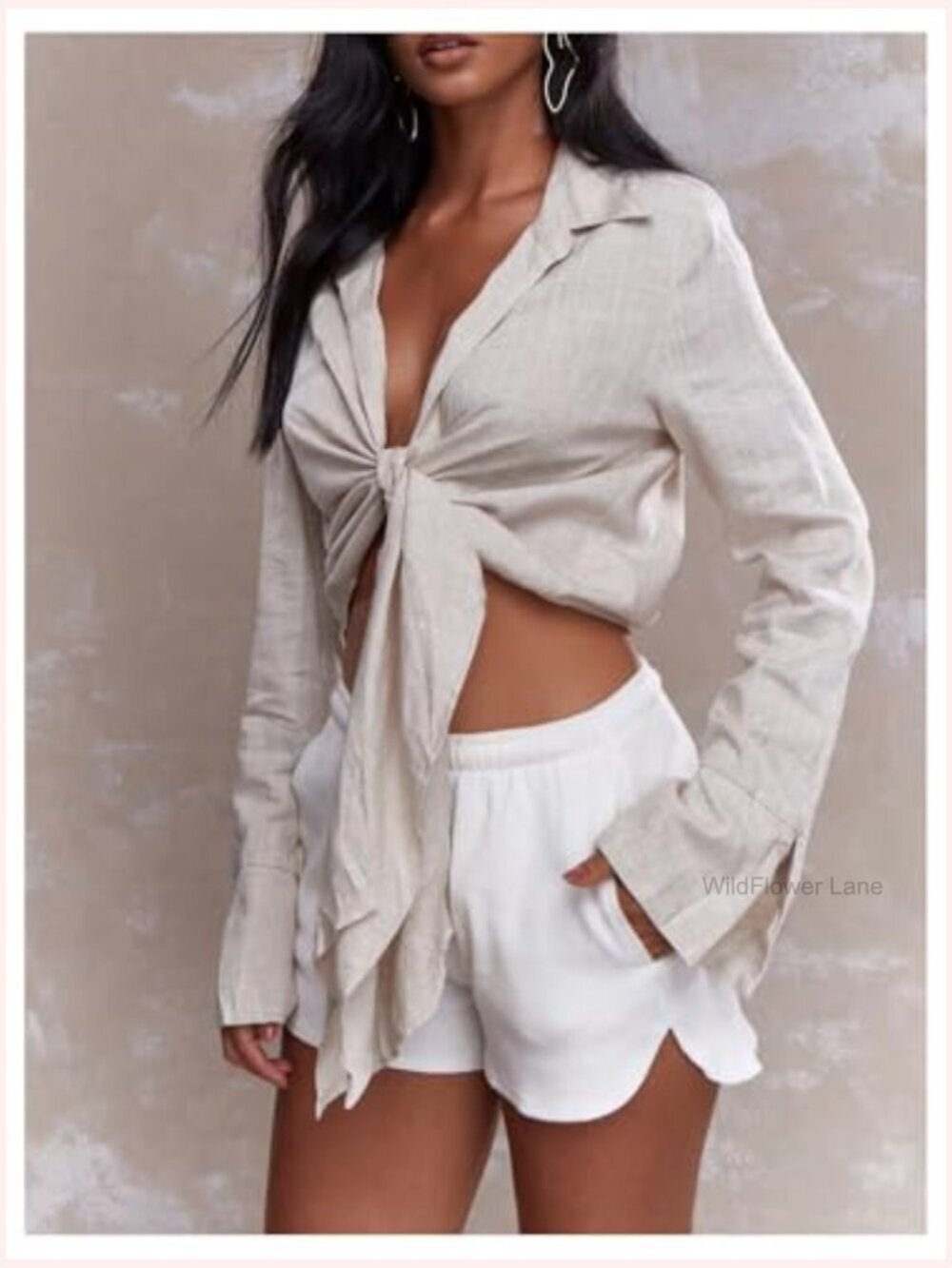 Long Sleeve Linen Blend Blouse Tie Front Crop Top Loose Collared Shirt Women's - Picture 3 of 5